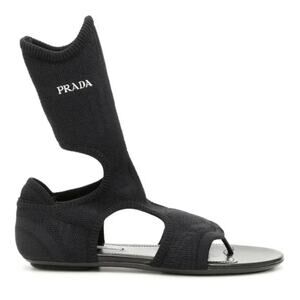 Prada Knitted Black Stretch Sock Flat Sandals Cutouts